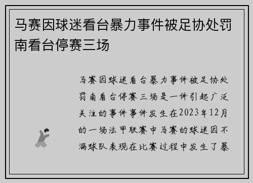 马赛因球迷看台暴力事件被足协处罚南看台停赛三场